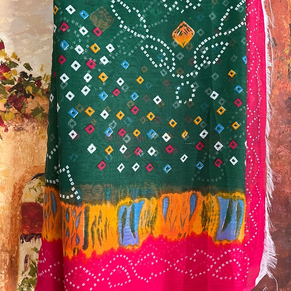 Green, red, pink bandhani print Saree